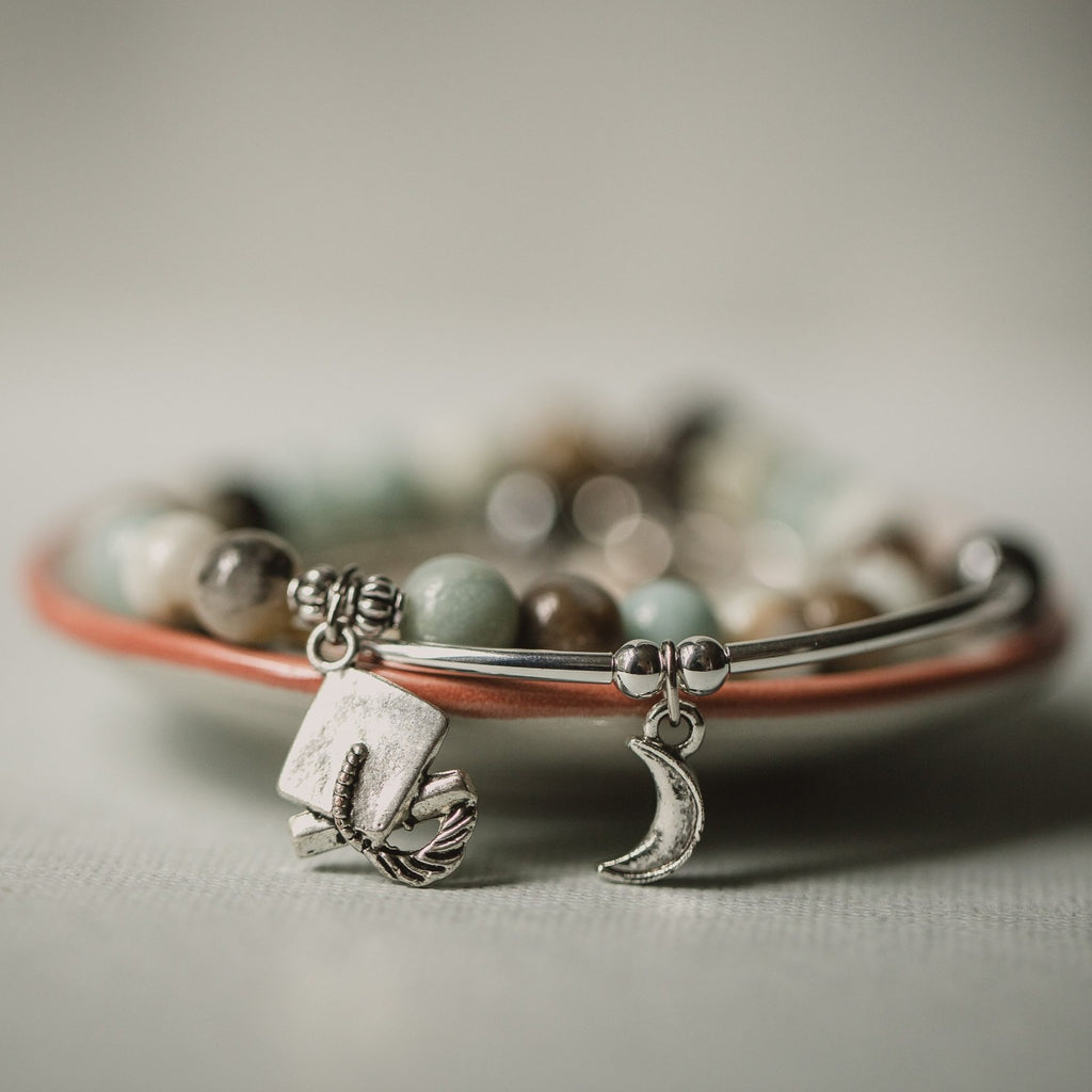 Graduation Cap | Stone Beaded Charm Bracelet | Amazonite